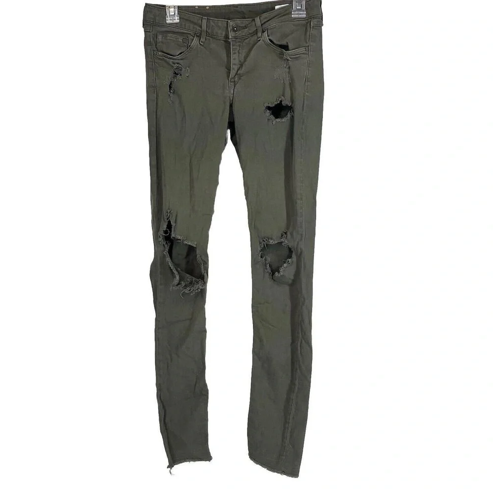 H&M‎ Green Olive Super Skinny Low Waist Distressed Denim Jeans Ripped Knee 31